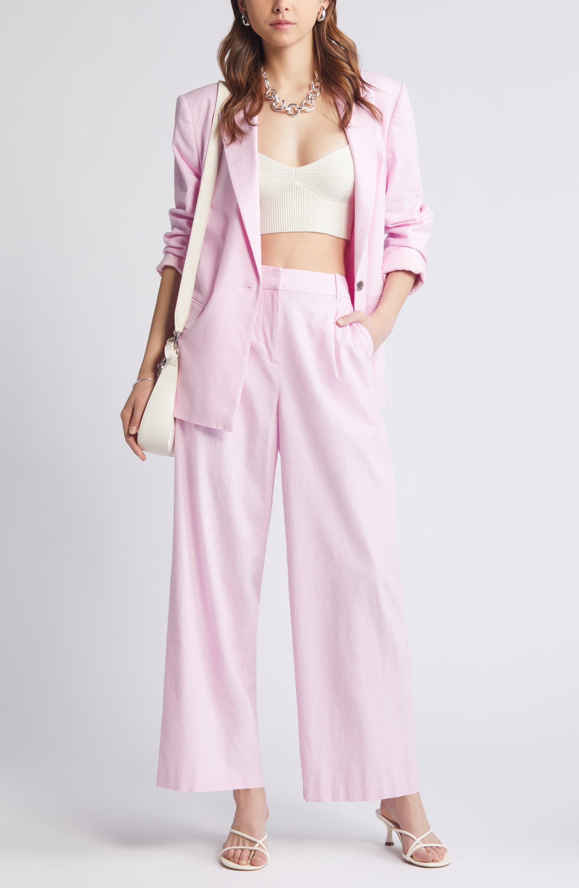 2 Piece Pink Linen Peak Lapel Women's Suit (Blazer+Pants)